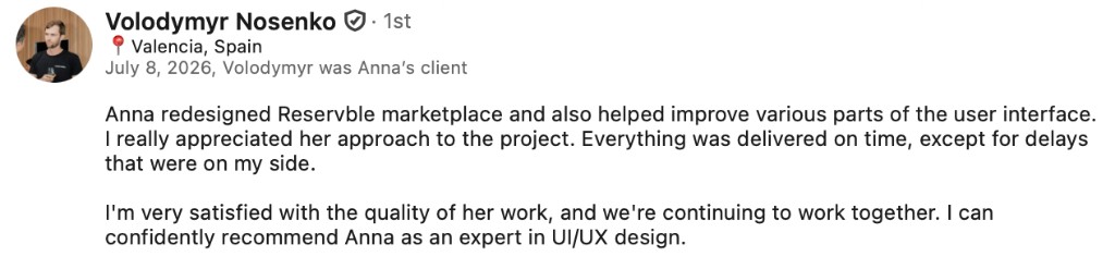 LinkedIn recommendation from Volodymyr Nosenko